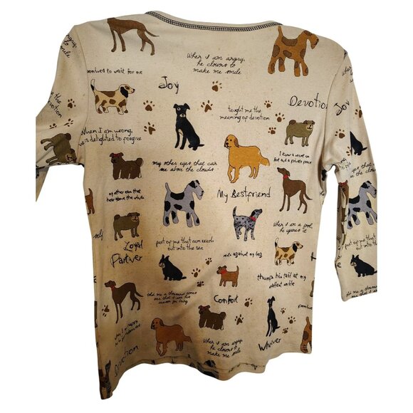 Jess & Jane Small All Over Dog Print Top Shirt, Tan, 3/4 Sleeve, Cotton - Picture 4 of 4